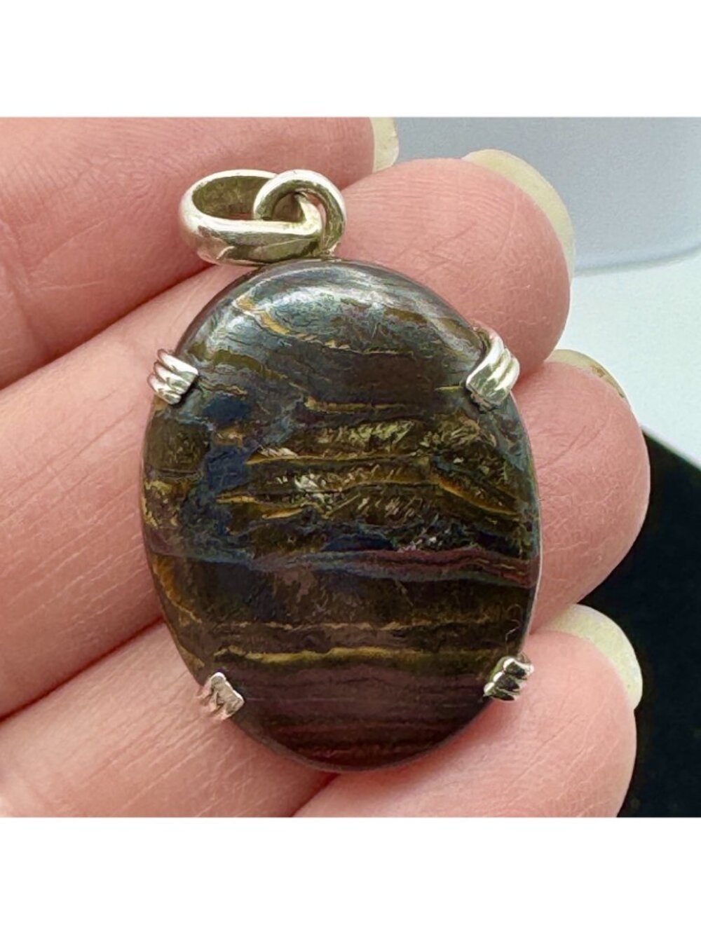 Tiger Iron Sterling Silver Pendant Polished Oval Gemstone Natural Layered Bands - Picture 4 of 16